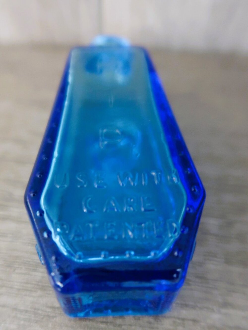 Vintage Cobalt Blue Embossed Glass Bottle "Use With Care" Patented Portrait 3in - Picture 9 of 11